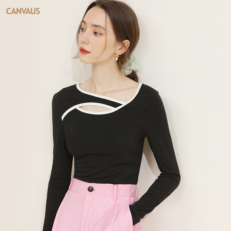 Canvaus mujeres de otoño e invierno de alta gama de diseño de manga larga irregular cuello redondo exterior desgaste hueco-camisa de fondo