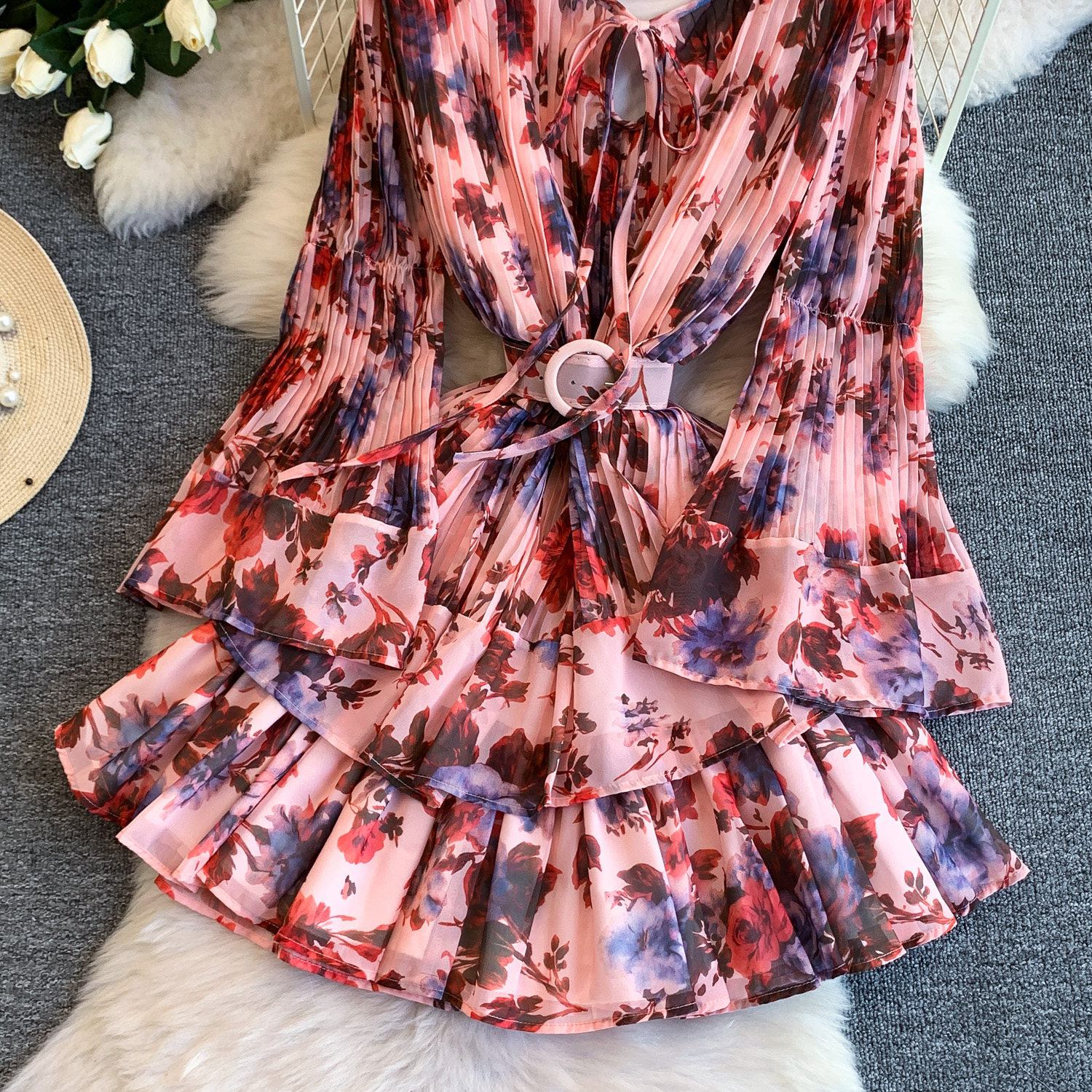 Floral Print Sweetheart Dress for Women with Bow Tie round Neck Flutter Sleeves Waist Tie Ruffled Hem Versatile Design_ecoleips.com