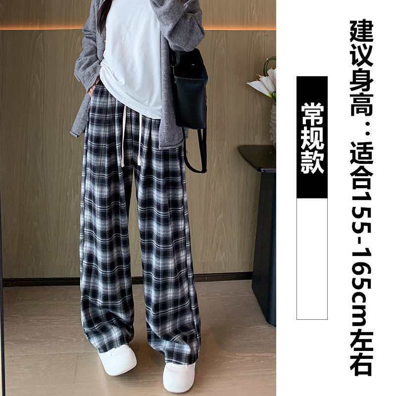 Pantalones de pierna ancha con cordón de cintura alta a cuadros retro mujeres 2024 otoño e invierno más pantalones casuales rectos de moda sueltos y delgados de terciopelo image 7
