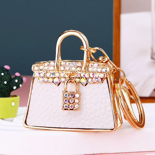 Diamond-encrusted leather small shoulder bag car keychain for women Korean fashion creative bag pendant metal key chain ring gift