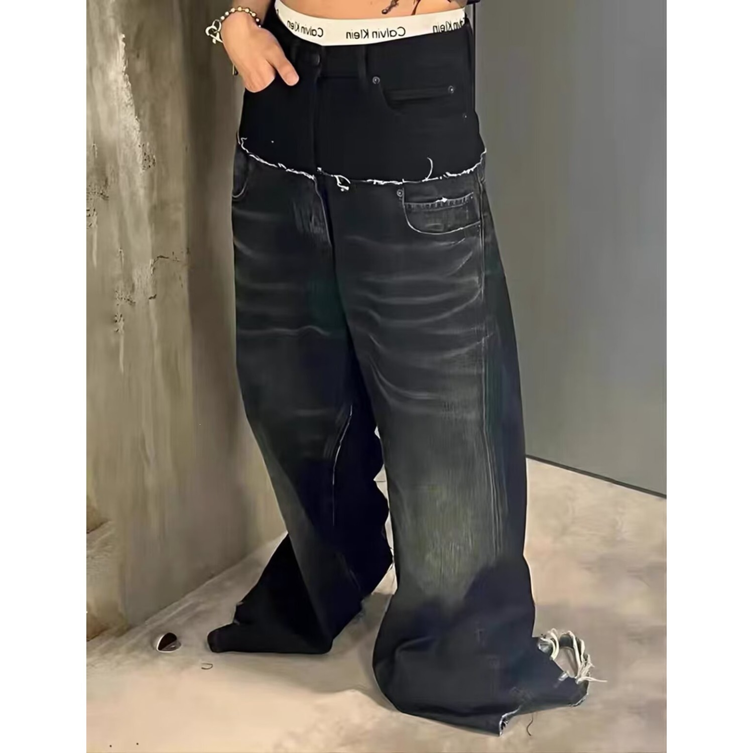 Jeans de Pierna Ancha de Estilo París con Doble Pretina, Paneles y Efecto Desgastado para Hombre y Mujer
