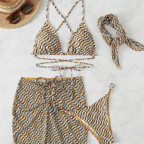 Summer European and American drawstring strap sexy three-piece swimsuit bikini with head veil