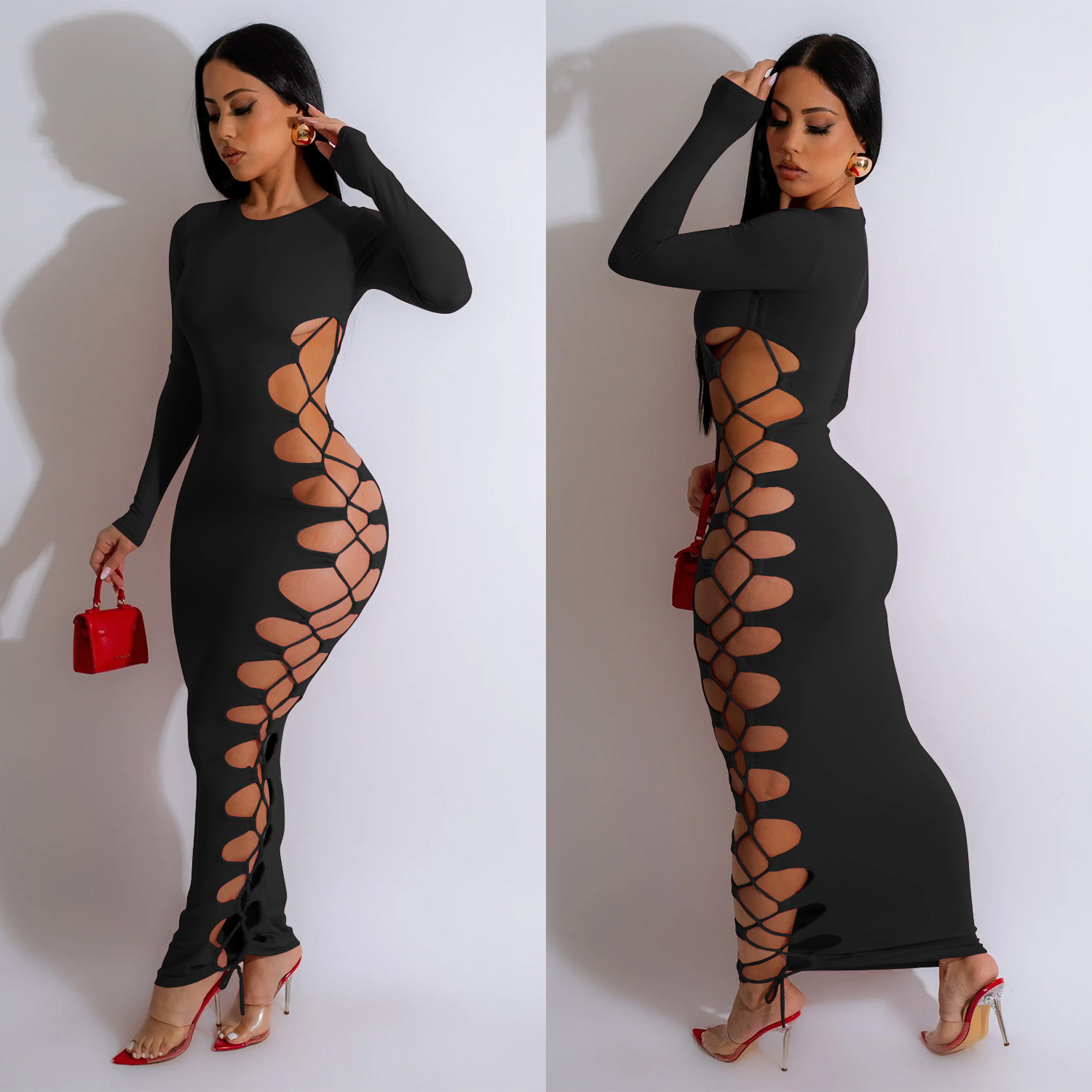 C6793 transfronteriza AliExpress Amazon europeo y americano de las mujeres de color sólido cuello redondo sexy vestido de cuerda vestido