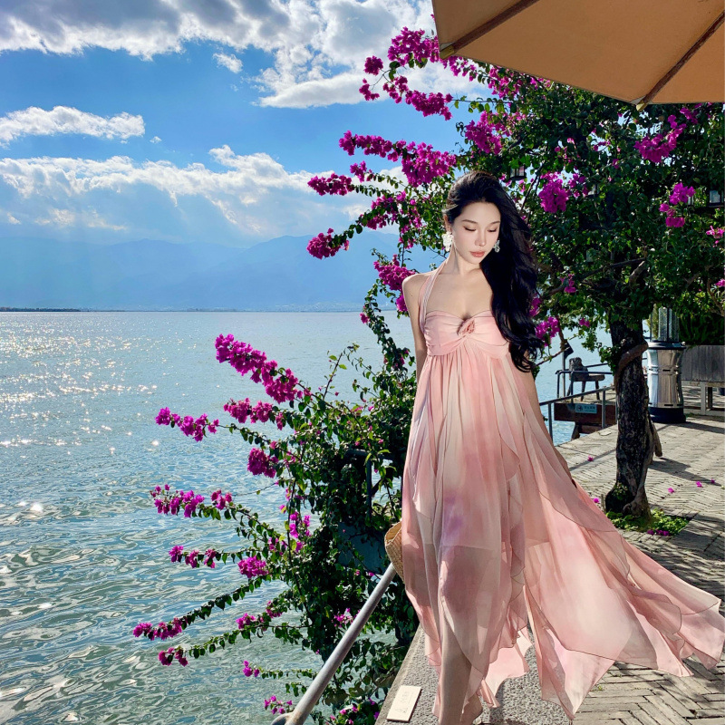 Summer Seaside Vacation Halter Neck Pink Dress with 3D Rose Embellishments on the Chest, Beach Dress, Island Outfit Dress