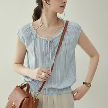 北岛 法式系带下摆松紧衬衫女夏季设计感条纹休闲上衣
