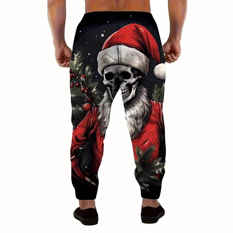 New European and American Style Men's 2025 Sports Pants with Christmas Skull Graphic, Polyester Joggers, Slim Fit Casual Wear