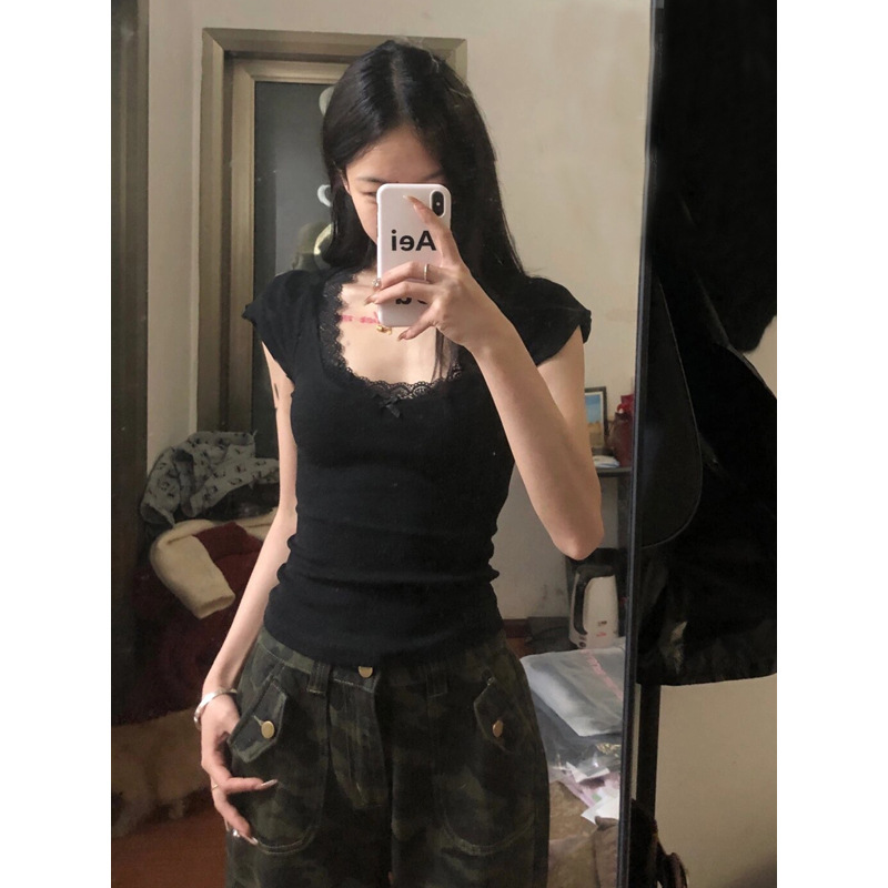 American Style Retro Black Lace Bow Square Collar Short-sleeved T-shirt Women's Summer Hot All-match Short Tight Top American Style Retro Black Lace Bow Square Collar Short-sleeved T-shirt Women's Summer Hot All-match Short Tight Top