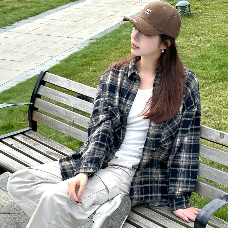 韩式休闲松弛感磨毛呢面衬衣女春秋新款宽松显瘦潮流百搭格子衬衫|undefined