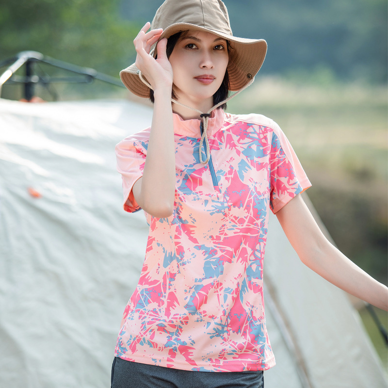 Verano al aire libre ropa de secado rápido mujer correr deportes secado rápido camiseta camuflada absorción de sudor transpirable cuello vertical manga corta caminata image 2