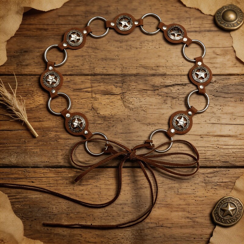 Retro Ethnic Style Y2K Bohemian Punk Style Circular Five-Pointed Star Waist Chain Knotted Belt Black Coffee Color Retro Ethnic Style Y2K Bohemian Punk Style Circular Five-Pointed Star Waist Chain Knotted Belt Black Coffee Color
