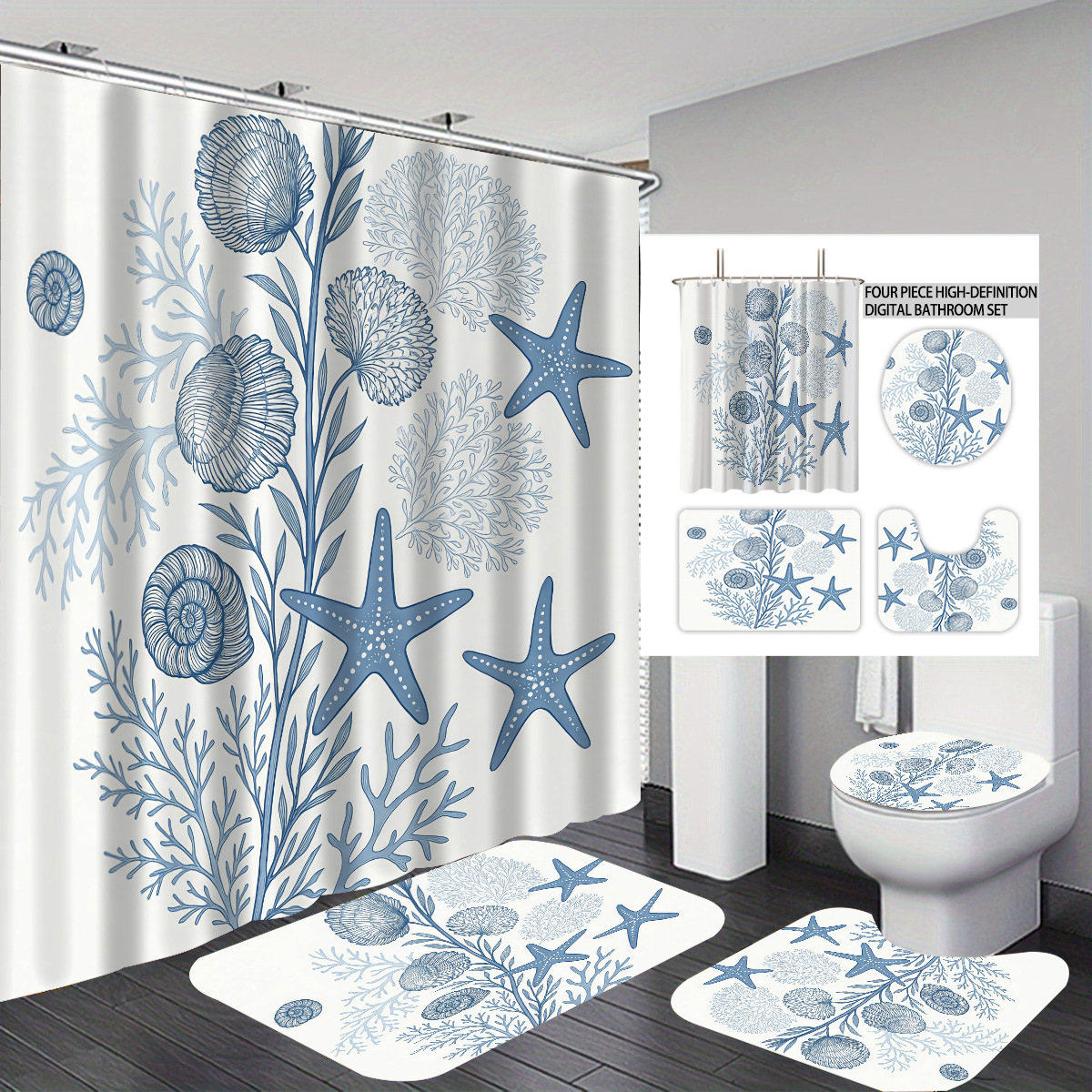 Temu cortina de baño impermeable personalizada serie de elementos marinos 3D impresión poliéster cortina de baño de cuatro piezas fábrica image 1