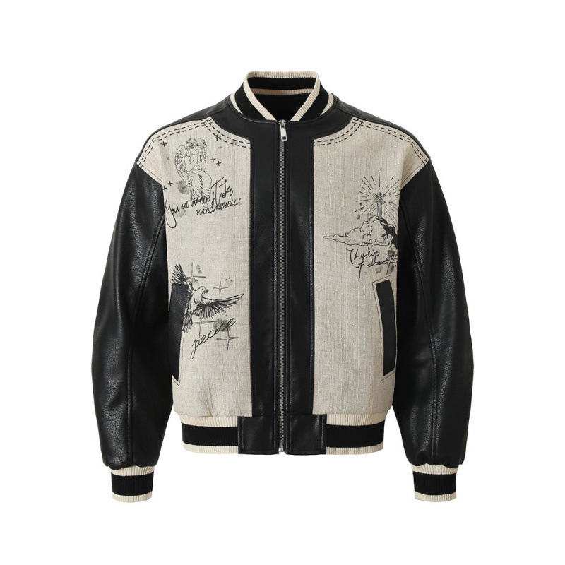 American Retro Angel Wings Printed Loose Jacket, Trendy Men's Contrasting Color Stitching Pu Leather Baseball Uniform