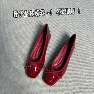 2025 Doudou Granny Ballet Bow New Square Toe Flat Red Single-layer Shoes Xiangfeng Shallow Mouth All-match Women's Shoes