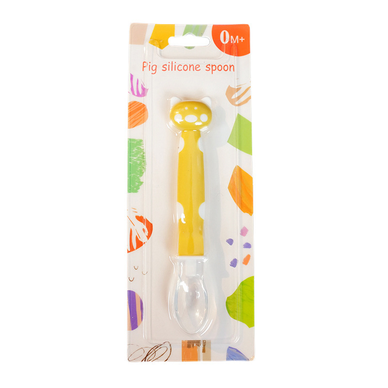 Inglés tarjeta bebé cuchara de silicona bebé alimentación vajilla suave cabeza cuchara dibujos animados suplemento alimenticio cuchara sopa cuchara