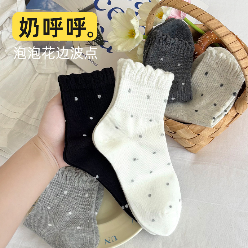 花边奶油袜子女秋季款中筒袜可爱复古系点子纱文艺波点短袜批发|undefined