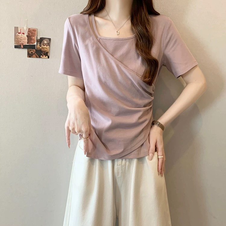 Розово-фиолетовая женская футболка с короткими рукавами на правое плечо, лето 2025, рубашка большого размера, уменьшающая возраст, топ с асимметричной талией