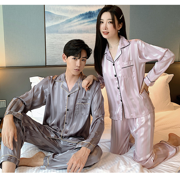 Accueil Couple Luxueux Stripe Treillis Polyester Pantalons Ensembles Pyjama display picture 2