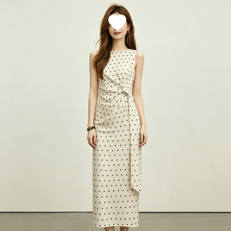 French-style high-end cotton-linen sleeveless polka dot dress for women, with tie waist, pleated design, elegant over-the-knee long dress