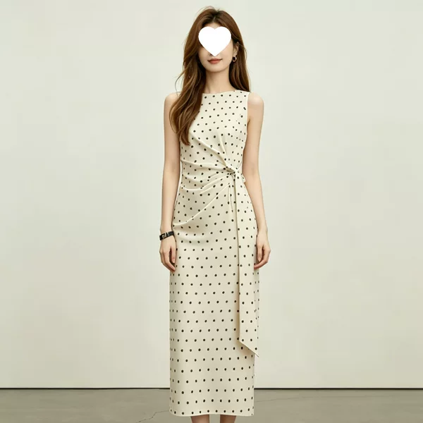 French-style high-end cotton-linen sleeveless polka dot dress for women, with tie waist, pleated design, elegant over-the-knee long dress