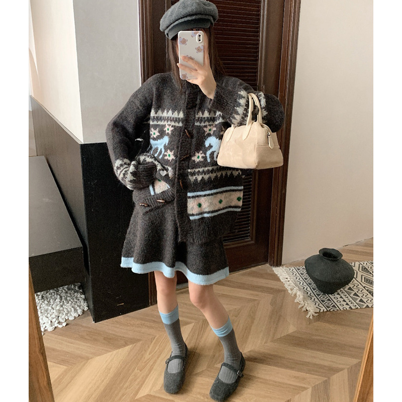 复古费尔岛毛衣开衫女套装秋冬新款提花针织开衫洋气半身裙两件套|undefined