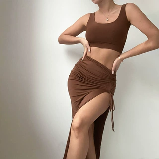 欧美时尚2023夏季新款女装修身露脐吊带上衣两件套开叉性感套装裙