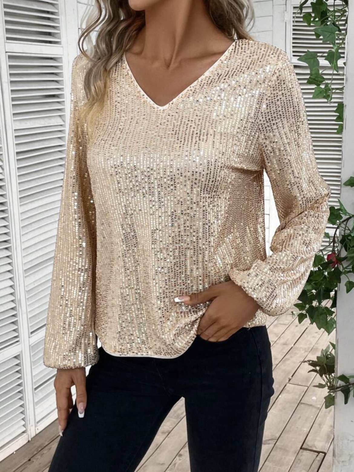 Elegant Women's V-neck Sequin Tunic Top, Long Sleeve Glitter Tee_voghion.com