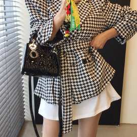 韩国chic 法式秋冬泡泡袖系带收腰显瘦复古千鸟格大衣外套图片色