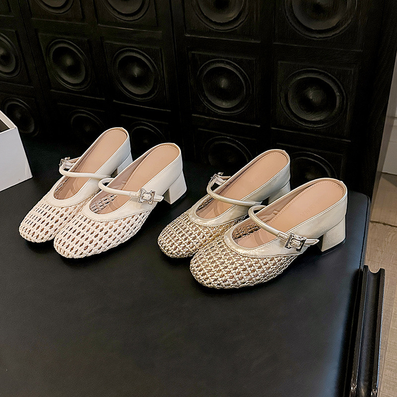 8cm Height Increase ~ Woven Hollow Casual Thick Heel Closed-Toe Slippers Summer Stylish Versatile Square-Toe Mules for Women