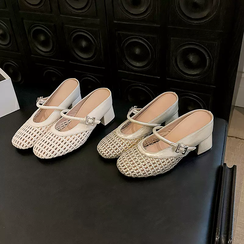 8cm增高~编织镂空休闲粗跟包头拖鞋夏季气质时尚百搭方头穆勒拖女