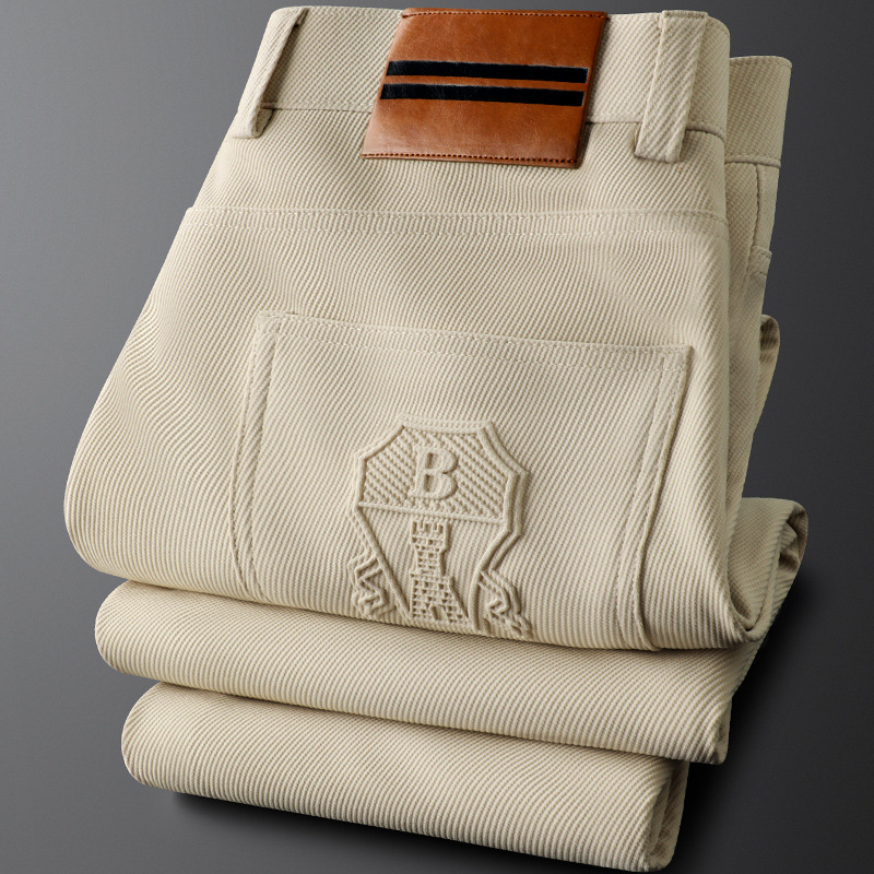 Light Luxury Light Khaki Pocket Embossed Casual Pants Men's Slim Straight Pants Men's Spring and Summer Men's Business Pants