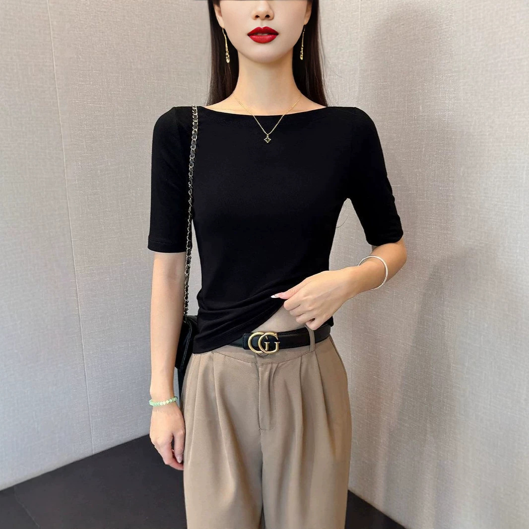 Gray Slim-Fit Mid-Sleeve T-Shirt for Women, Summer High-End Style, Elegant Off-The-Shoulder Design, Waist-Cinching, Five-Quarter Sleeve Top