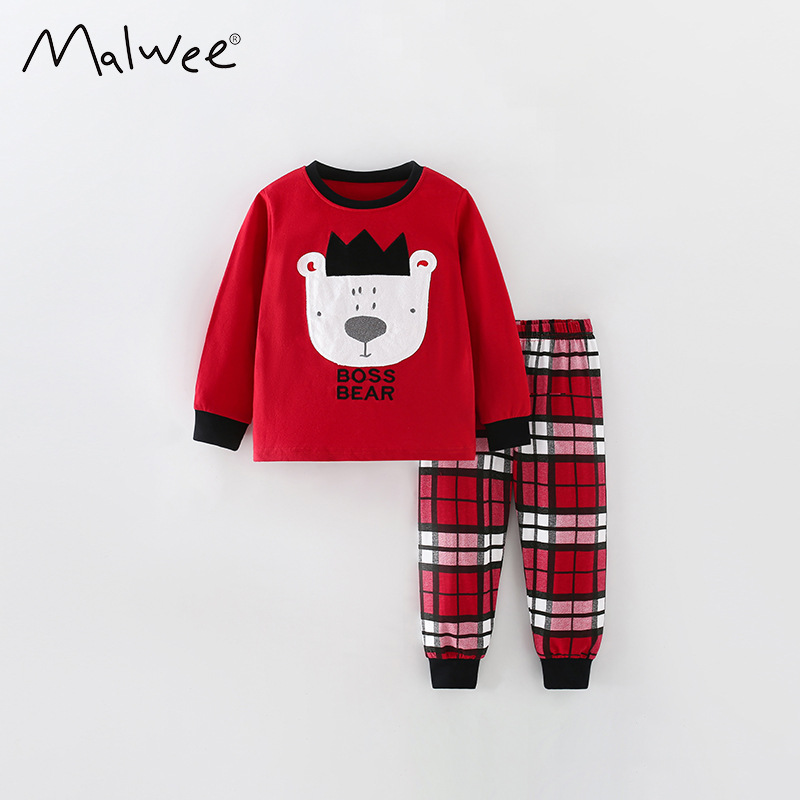 Malwee traje para niños rojo otoño nuevo estilo europeo y americano pantalones casuales de manga larga a cuadros de dos piezas para niños pequeños y medianos