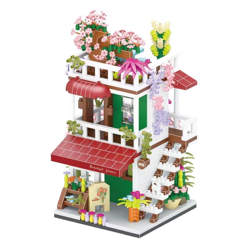 Flower shop Girl Street View rompecabezas montado pequeña partícula bloques de construcción juguetes para niños regalo de cumpleaños regalo de estudiante al por mayor