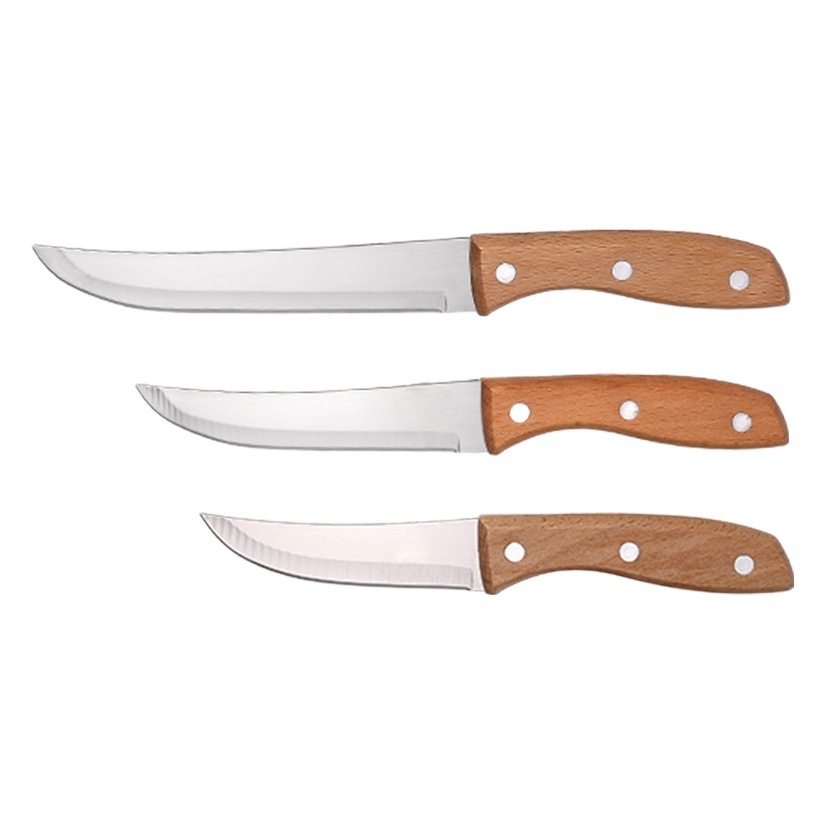 Juego de cuchillos para frutas de acero inoxidable con mango de madera en stock, utensilios de cocina de varios tamaños, juego de cuchillos para carne con mango, utensilio de cocina.