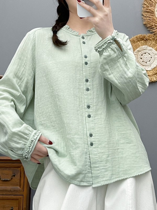 Sweet and Cute Style Lace Collar Long-Sleeved Shirt for Women, Double-Layer Cotton Gauze Versatile Base Top, Soft Shirt, Sun Protection Shirt