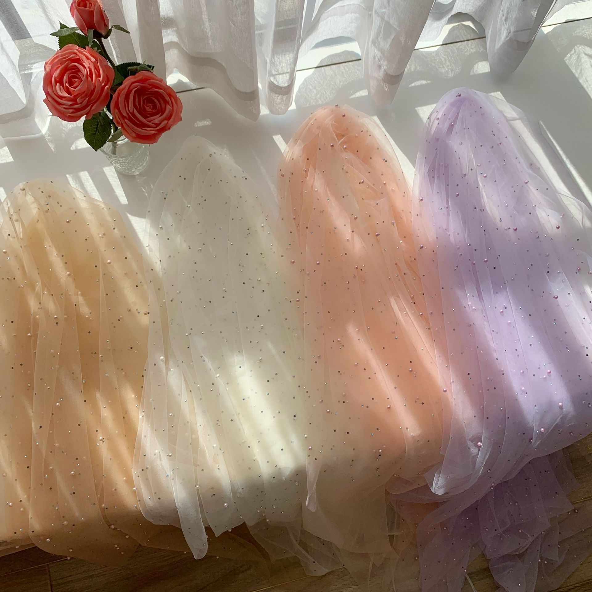 Procesamiento de malla de diamantes de imitación tela de cuentas de diamantes de imitación perla tridimensional malla Hanfu Lolita tela de Mantel