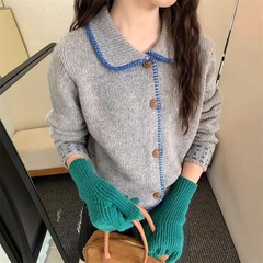 韩系甜美风翻领撞色开衫毛衣女春秋新爆款减龄显瘦单排扣针织开衫