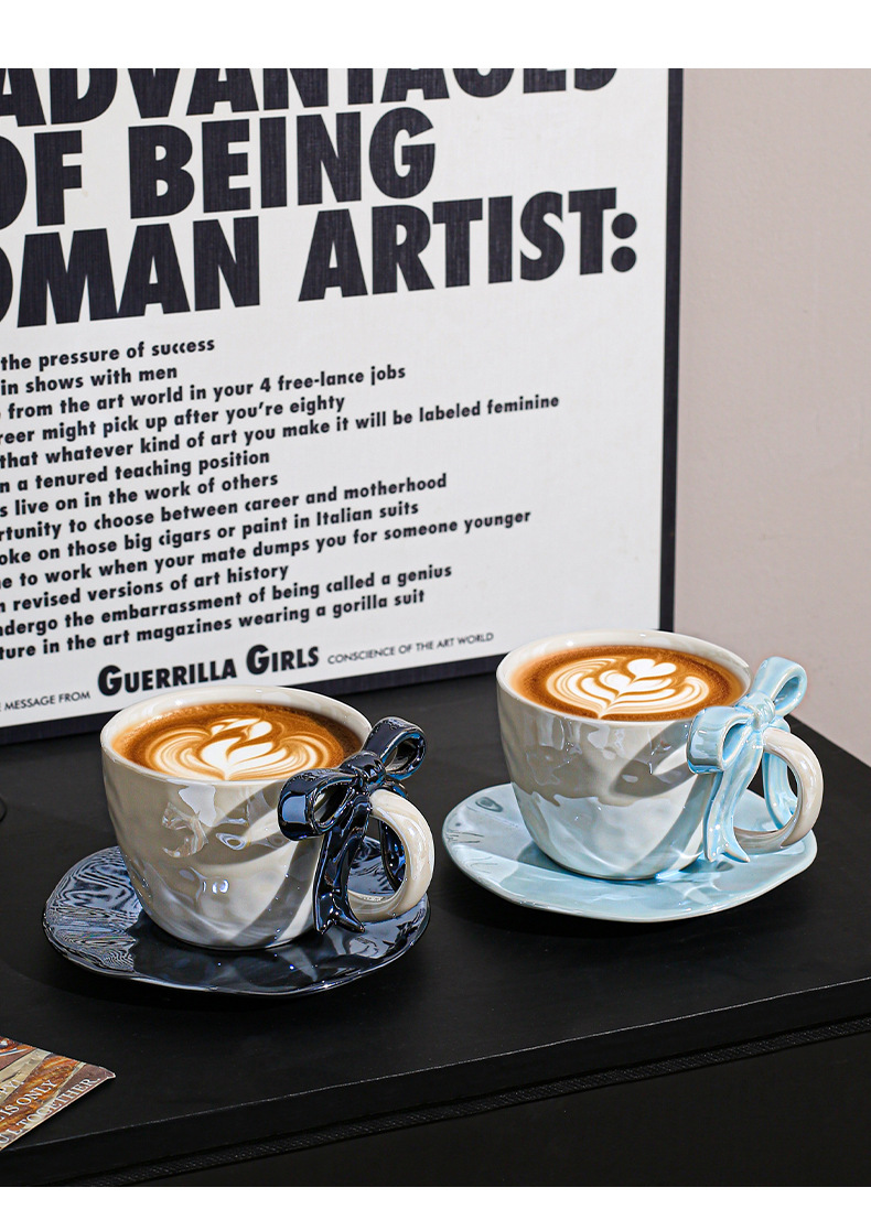 Ceramic Coffee Cup And Saucer Set With Bowknot Elegant Design_voghion.com