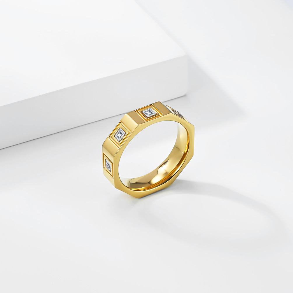 Bague unisexe géométrique 8 faces incrustée de diamants titane_voghion.com