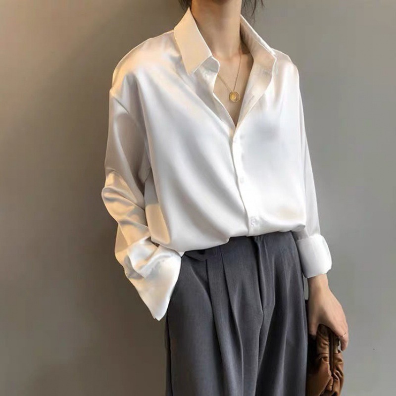 Women's Clothing acetate satin shirt women's glossy outer wear drape long sleeved shirt design niche light mature top spring_voghion.com