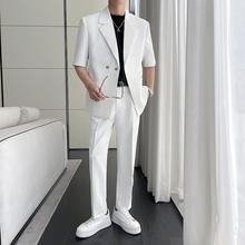 梵沃FW6991 2023送皮带夏装男宽松质感白色中袖西装两件套短袖薄