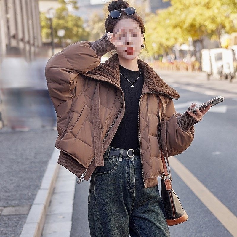 短款羽绒服2024冬季小个子高级感超好看美羊羔毛拼接立领面包服女