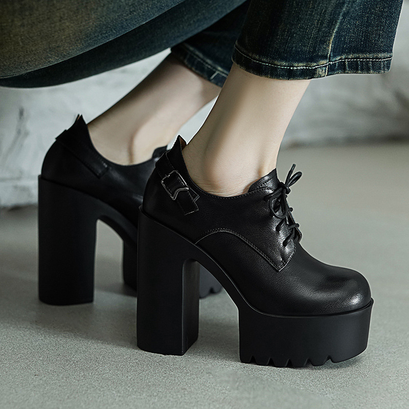 Giày cao gót nữ đế xuồng platform 13cm, mũi sâu, dây buộc gót thô — Màu đen