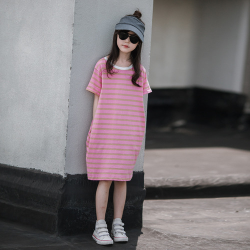 Girls' Korean style loose and versatile short-sleeved T-shirt summer wear new style girls' dresses baby fashionable striped T-shirt trendy