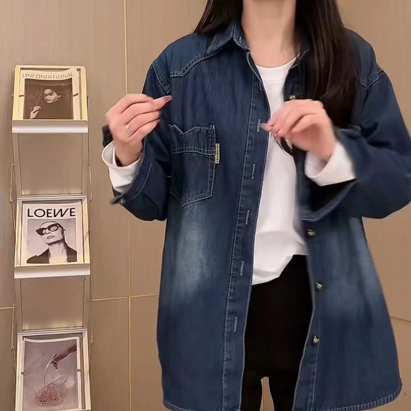 데님 봄과 가을 캐주얼 셔츠 새 긴 소매 가을과 겨울 중간 길이 느슨한 한국 패션 톱 코트 셔츠