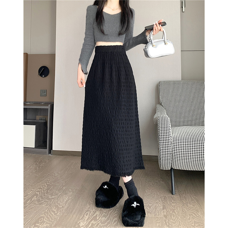 秋の新韓国スタイルプリーツドレープハイウエスト多用途ファッショナブルなストレートローエッジAラインスカート女性用|undefined