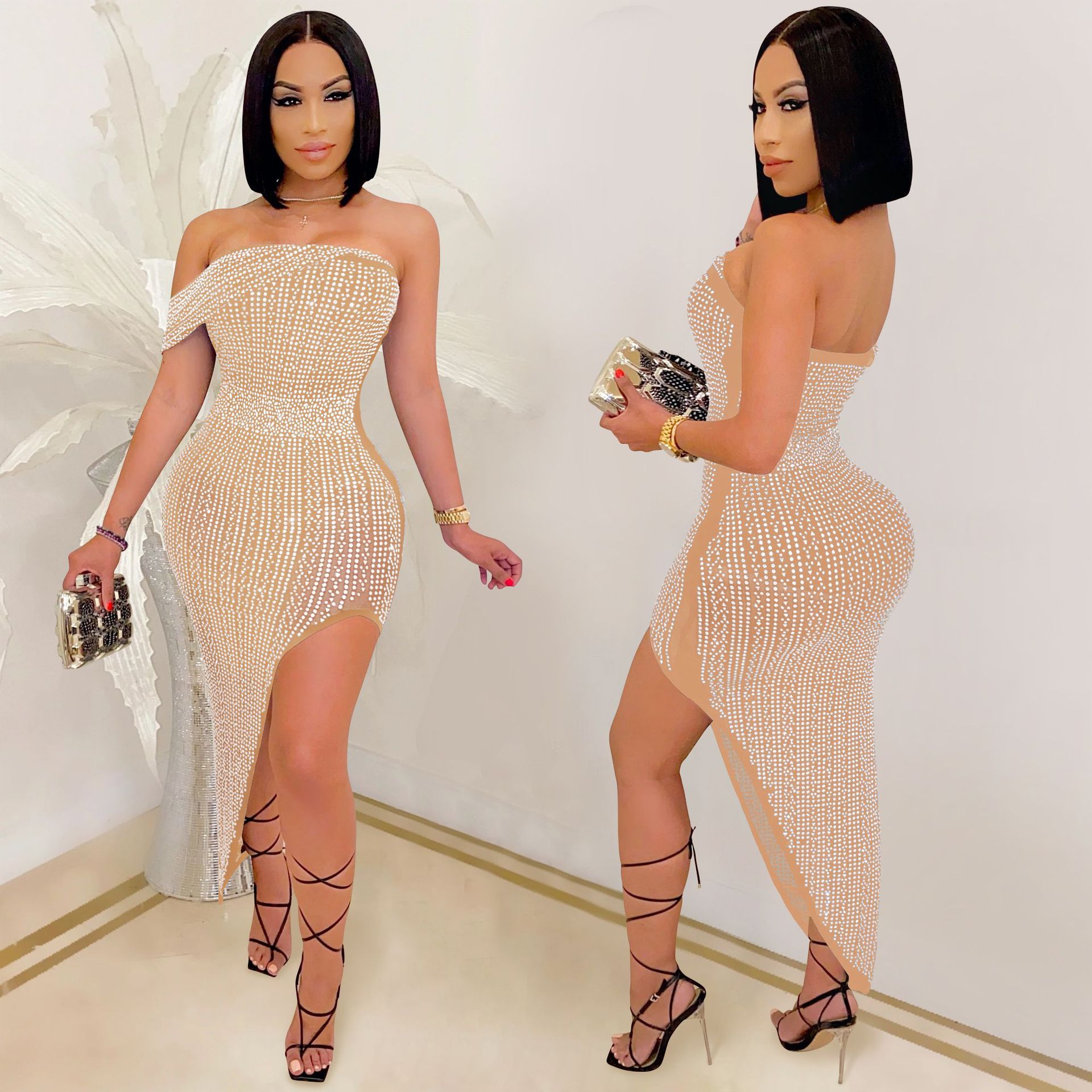 X5046 transfronterizo Amazon AliExpress vestido de noche europeo y americano rhinestone malla hilo envuelto pecho irregular vestido de mujer image 3