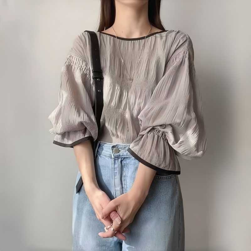 Cross-Border Japanese and Korean Summer New Women's Clothing, Solid Color Textured Pleated Puff Sleeve Long-Sleeve Round-Neck Chiffon Shirt