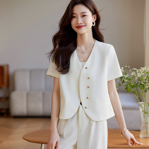 Off-white suit suit for women summer new short-sleeved jacket fashionable temperament two-piece suit pants for small people