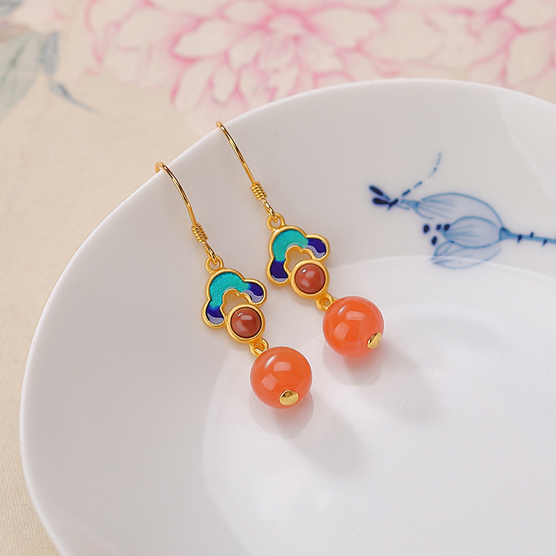 Khuyên tai dài nam bạc S925 mạ vàng nước đỏ mã não đỏ men cloisonné họa tiết Xiangyun — Một cặp